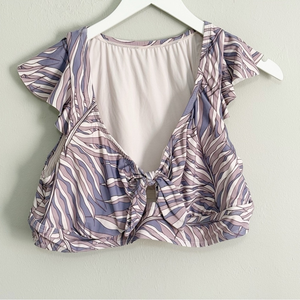 SEA ANGEL Women’s Purple Palm Print Peek A Boo Tie Ruffle Sleeve Swim Top Sz 1X